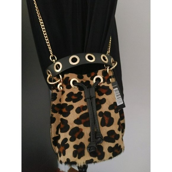 NWT Antonella Ferrante Leopard Print Leather Bucket Bag Removable Chain Strap - Picture 5 of 11